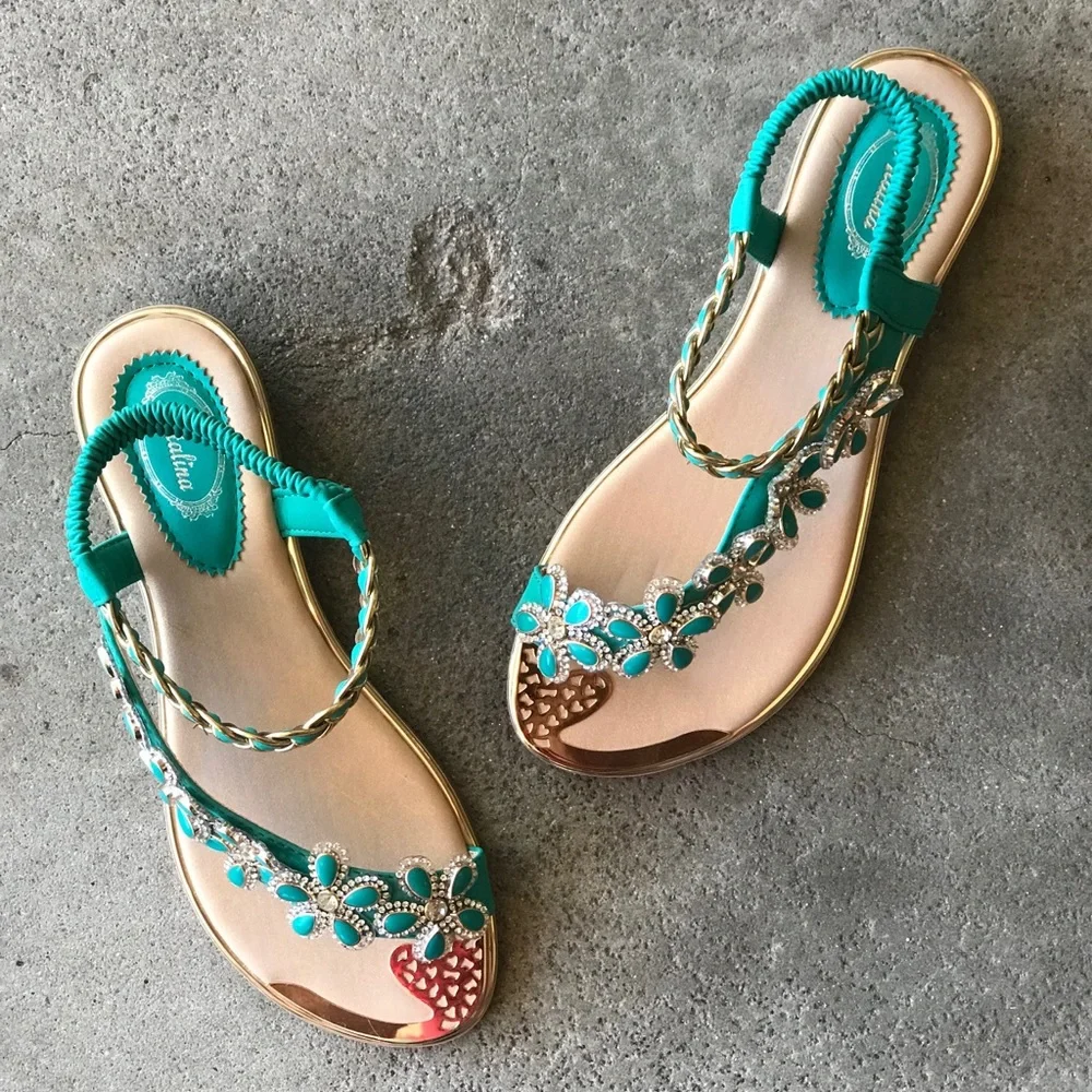 Restock! Italina Green Daisy Flower Rhinestone Gold Woven Slingback Sandal - Picture 5 of 14
